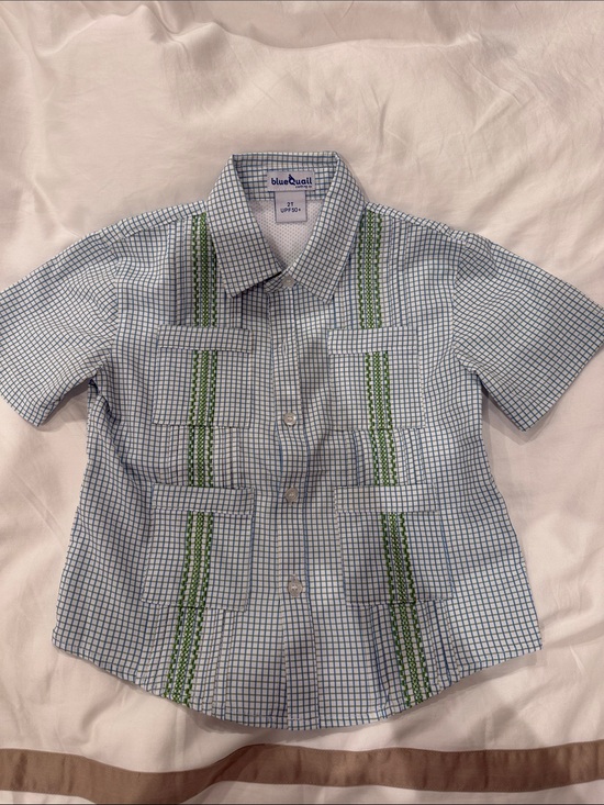 Blue Quail Other - Blue Quail - Boys' Light Blue Checked Short Sleeve Shirt with Green Trim